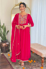 Red Embroidered Viscose Palazzo Suit Set