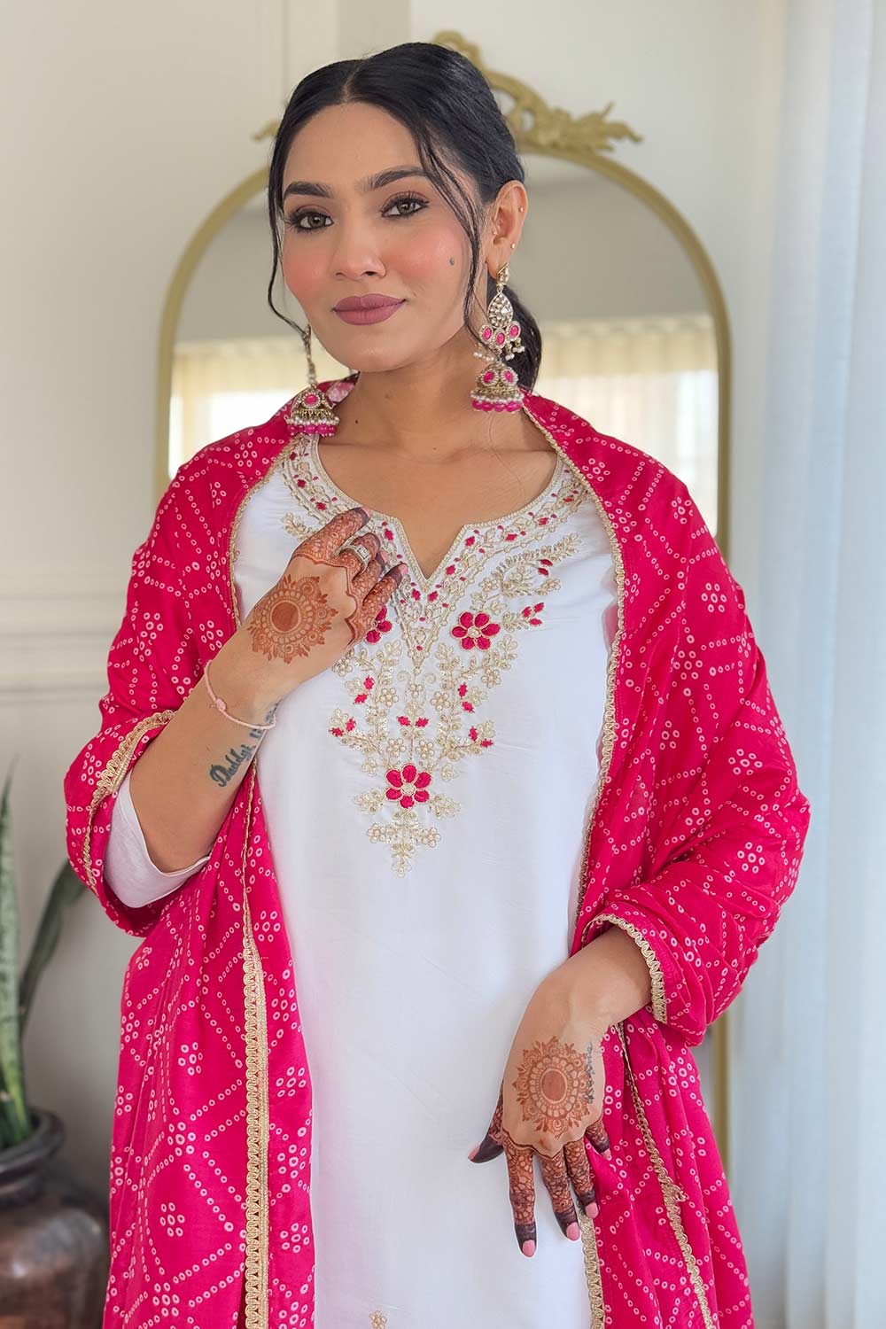 White Embroidered Viscose Palazzo Suit Set