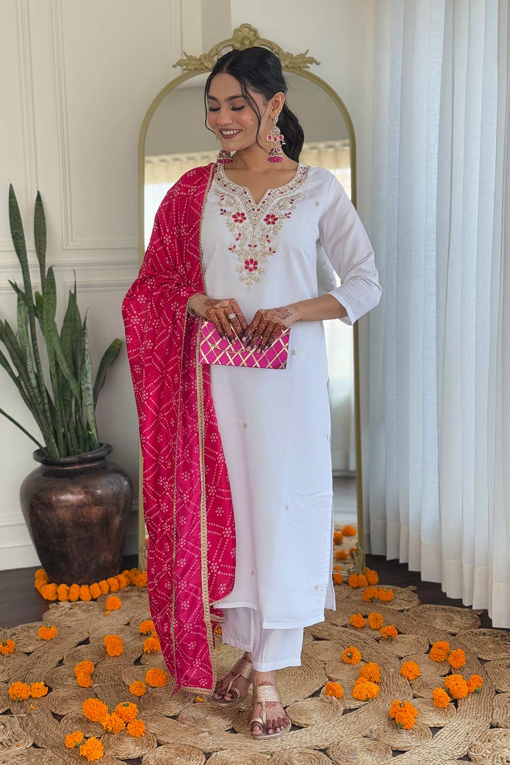 White Embroidered Viscose Palazzo Suit Set