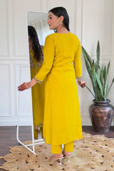 Yellow Embroidered Viscose Palazzo Suit Set