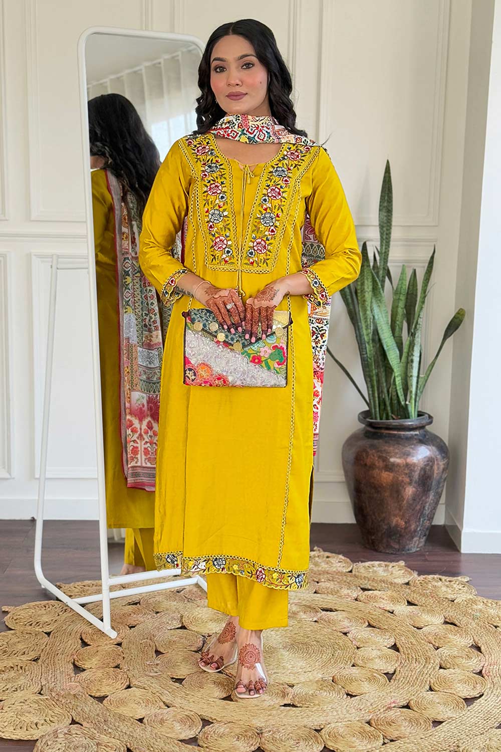 Yellow Embroidered Viscose Palazzo Suit Set