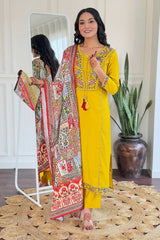 Yellow Embroidered Viscose Palazzo Suit Set