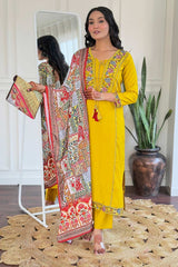 Yellow Embroidered Viscose Palazzo Suit Set