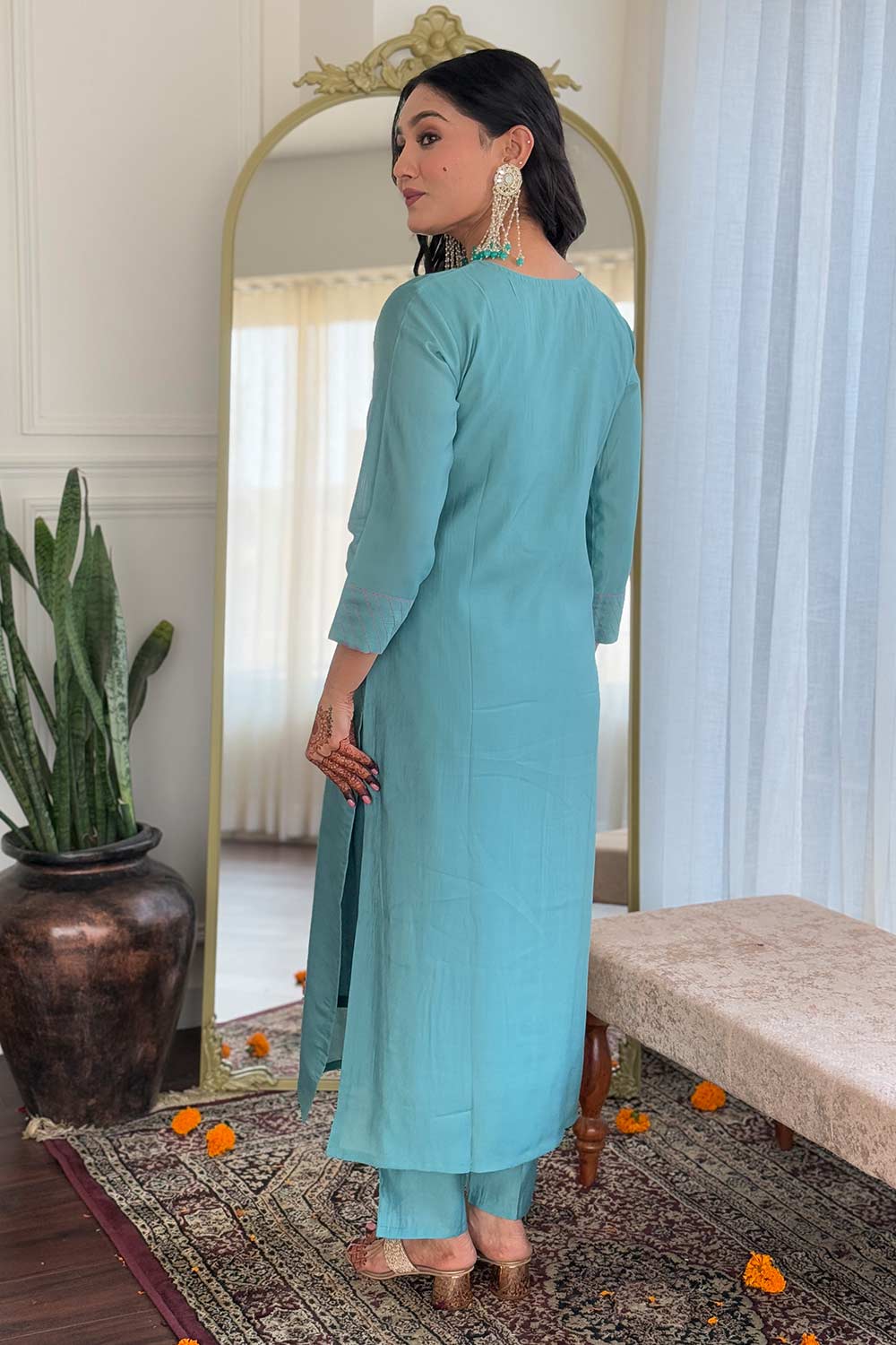 Blue Embroidered Silk Palazzo Suit Set