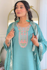 Blue Embroidered Silk Palazzo Suit Set