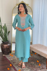 Blue Embroidered Silk Palazzo Suit Set