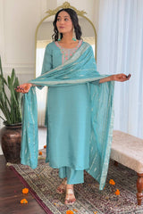 Blue Embroidered Silk Palazzo Suit Set