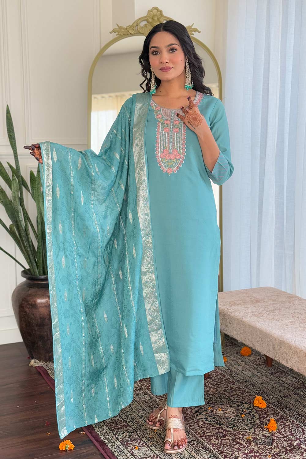 Blue Embroidered Silk Palazzo Suit Set