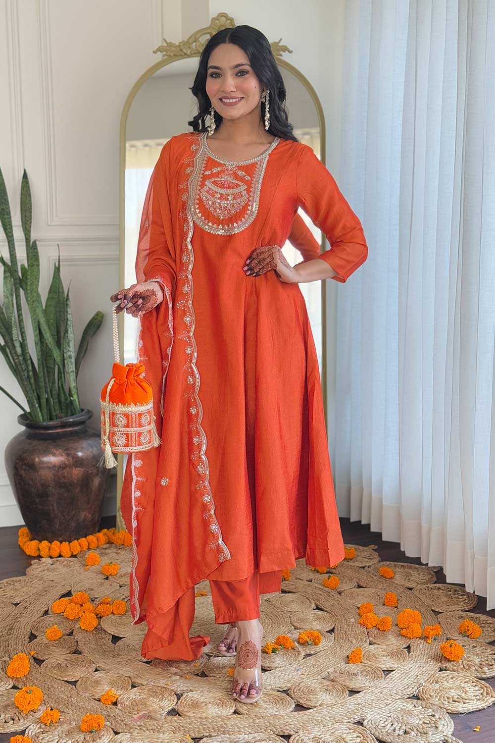 Orange Embroidered Silk Palazzo Suit Set