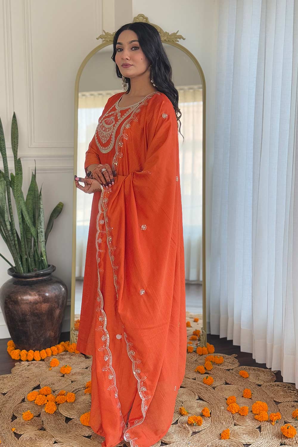 Orange Embroidered Silk Palazzo Suit Set