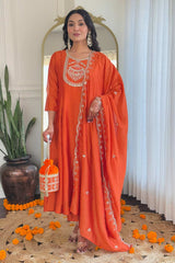 Orange Embroidered Silk Palazzo Suit Set