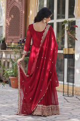 Red Embroidered Georgette Gown