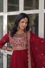 Red Embroidered Georgette Gown