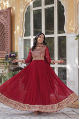 Red Embroidered Georgette Gown