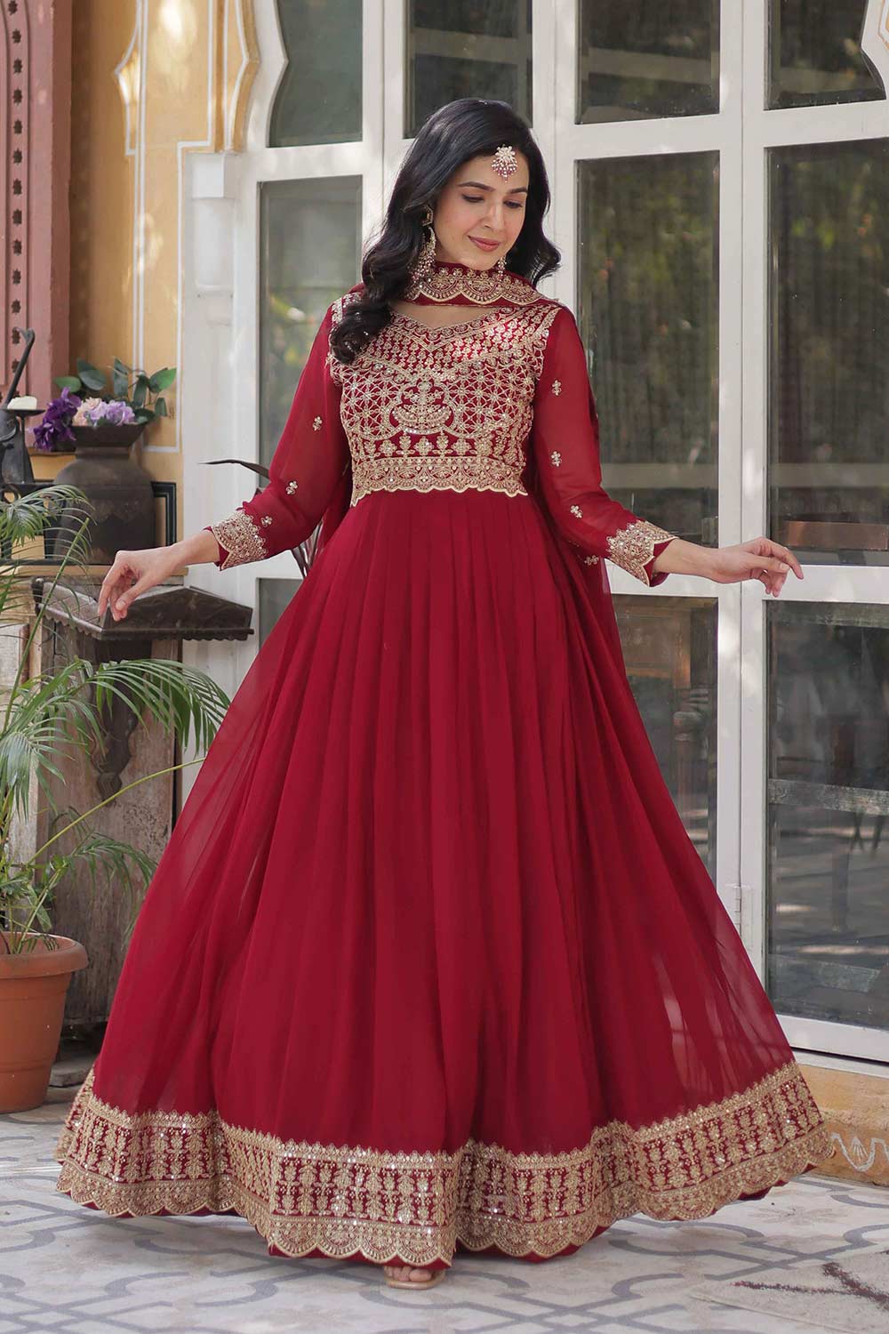 Red Embroidered Georgette Gown