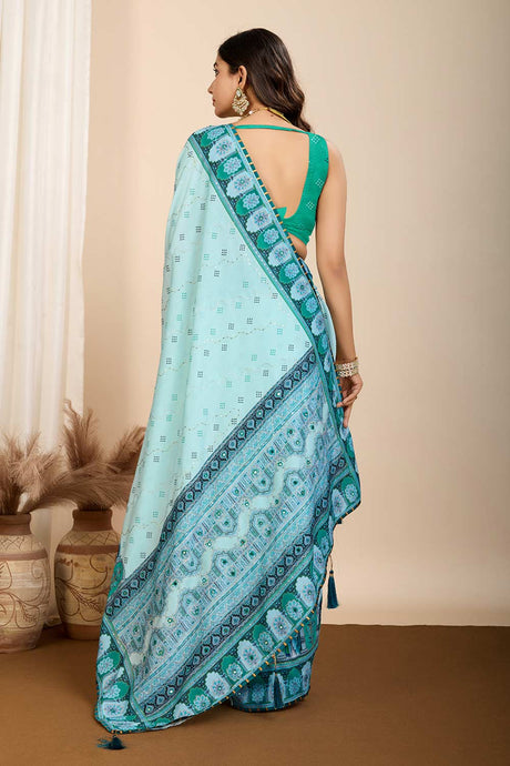 Turquoise Printed Muslin Saree