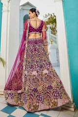 Brown Embroidered Net Lehenga