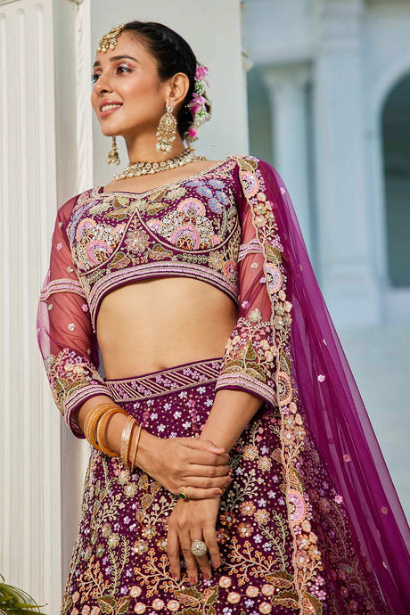 Brown Embroidered Net Lehenga