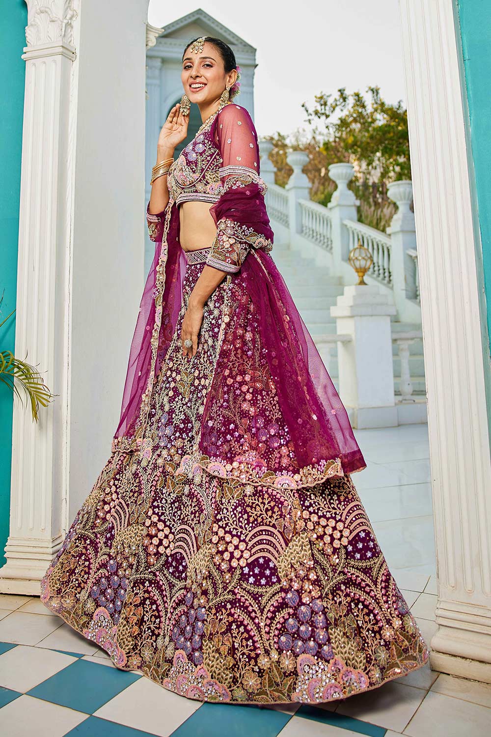 Brown Embroidered Net Lehenga