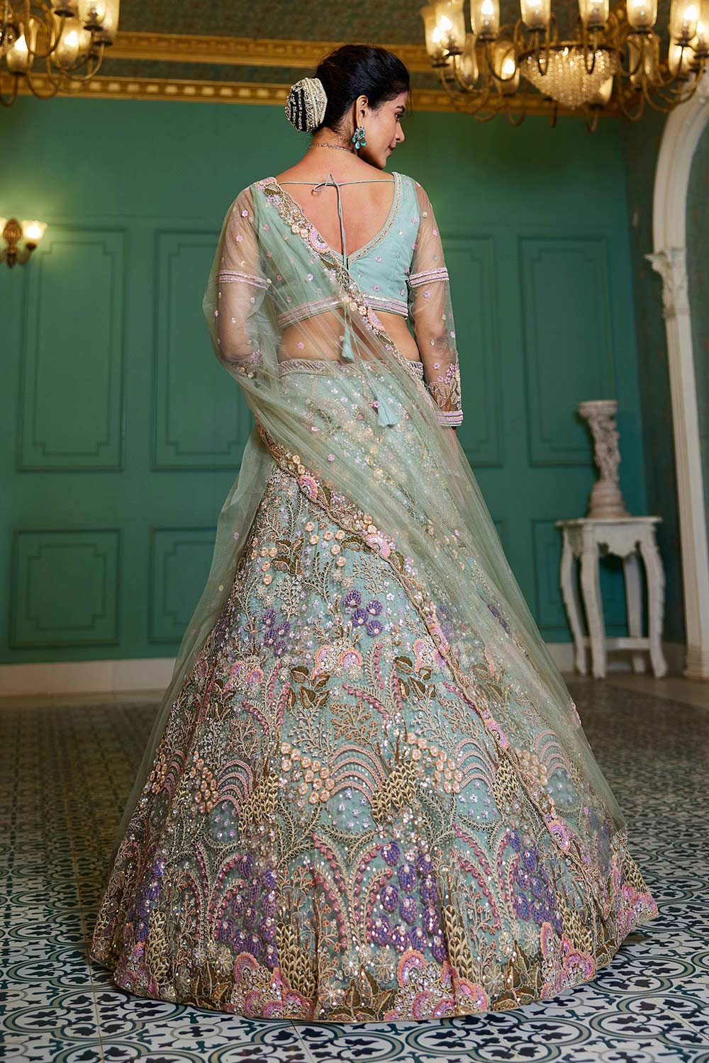 Turquoise Embroidered Net Lehenga