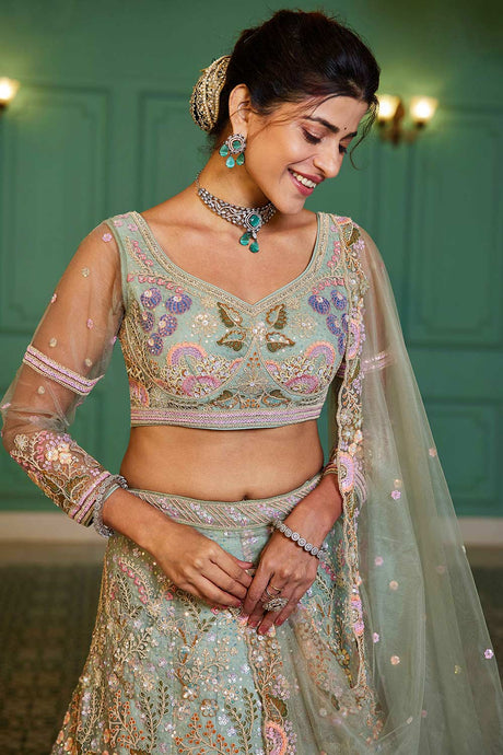 Turquoise Embroidered Net Lehenga