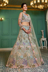 Turquoise Embroidered Net Lehenga