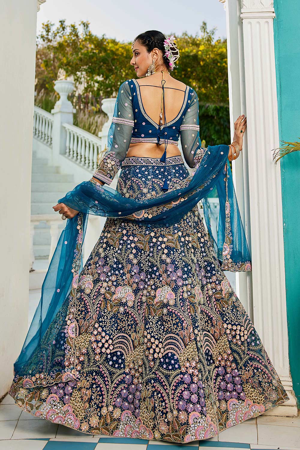 Blue Embroidered Net Lehenga