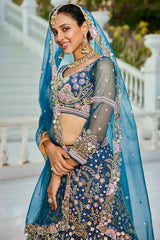 Blue Embroidered Net Lehenga