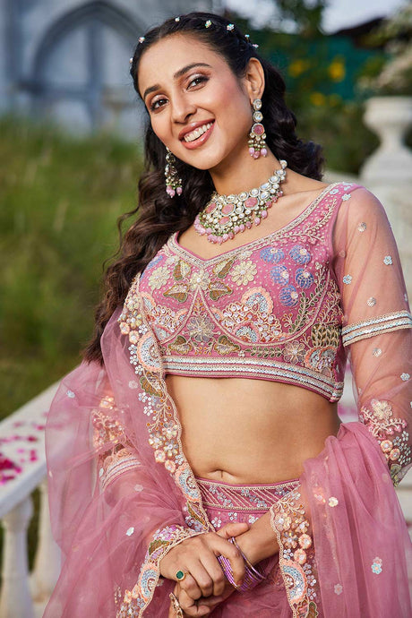 Pink Embroidered Net Lehenga