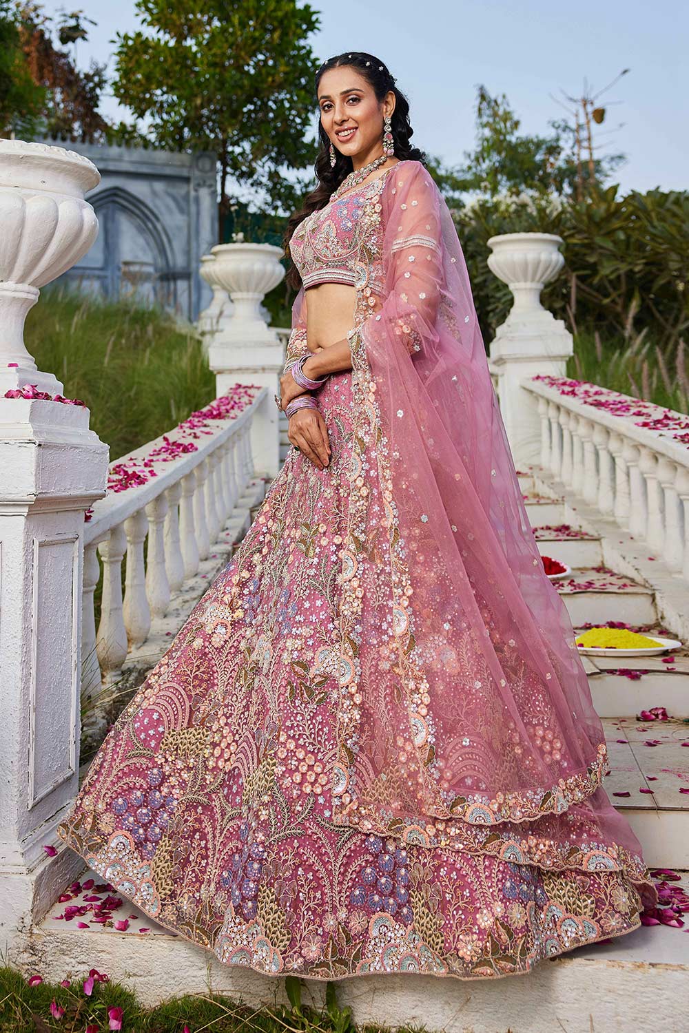 Pink Embroidered Net Lehenga