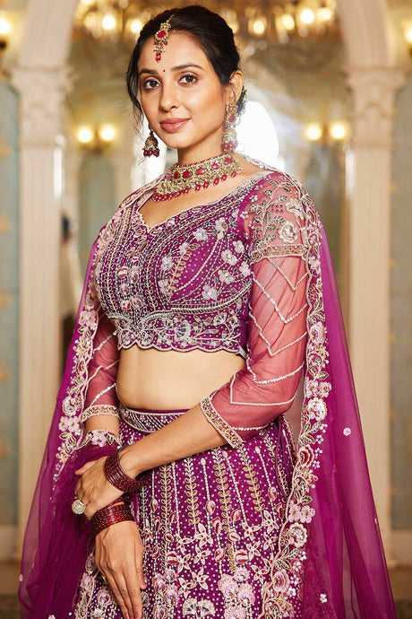 Brown Embroidered Net Lehenga