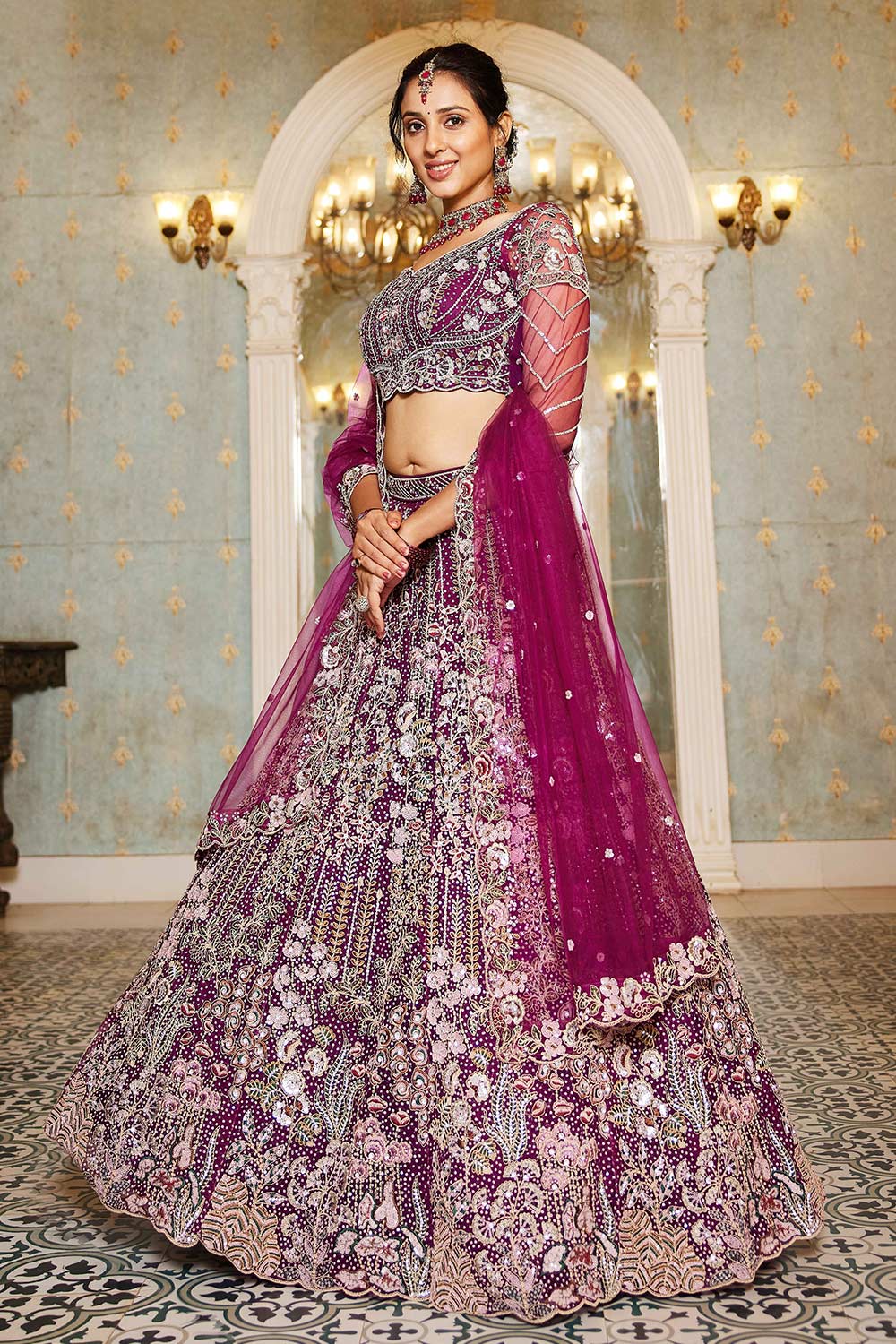 Brown Embroidered Net Lehenga