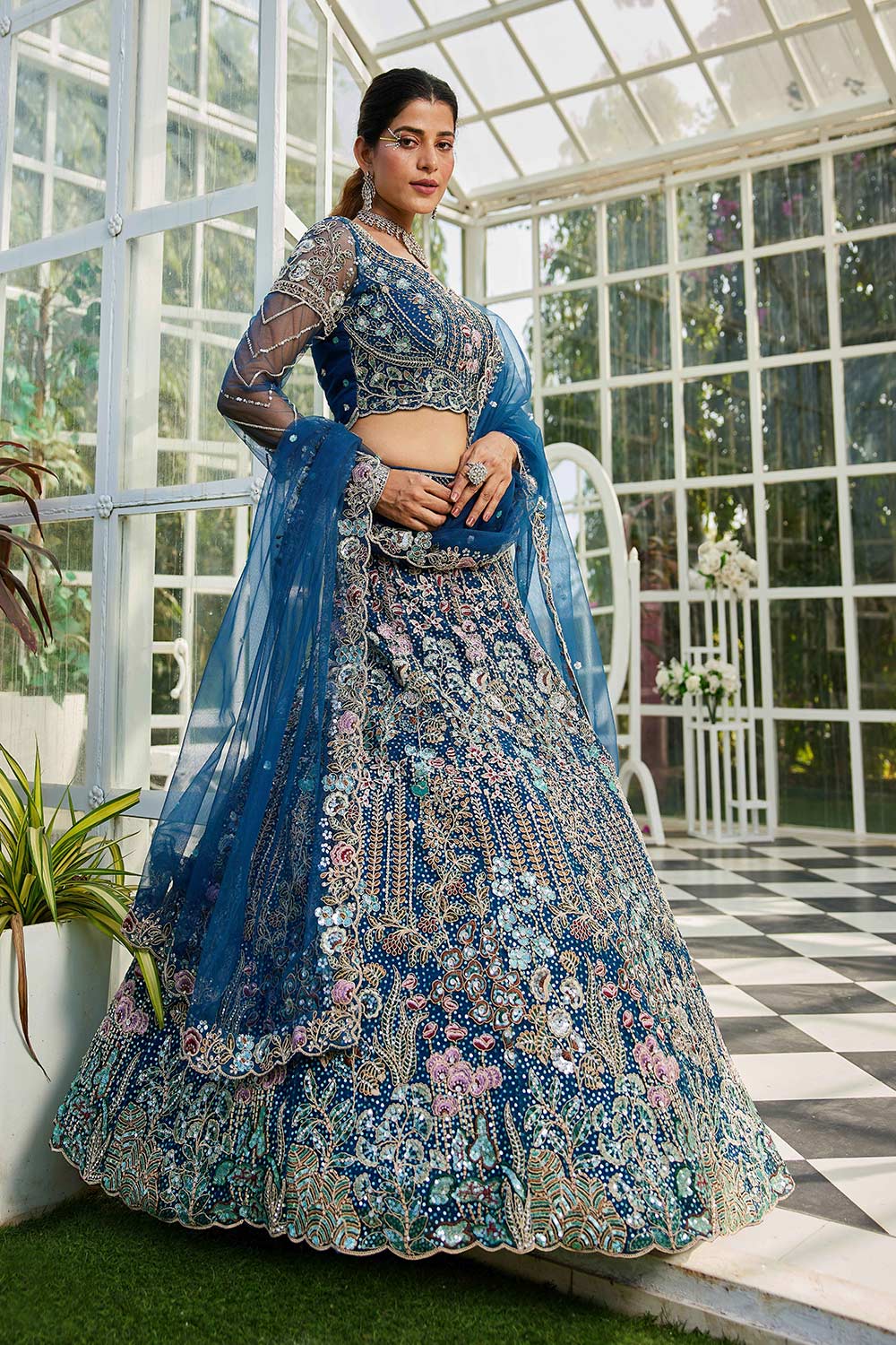 Blue Embroidered Net Lehenga