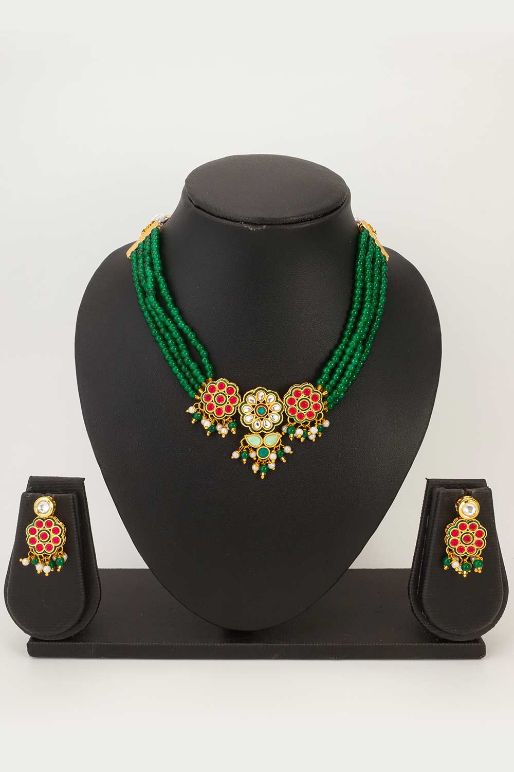 Green Artificial Pearl & kundan Brass Necklace