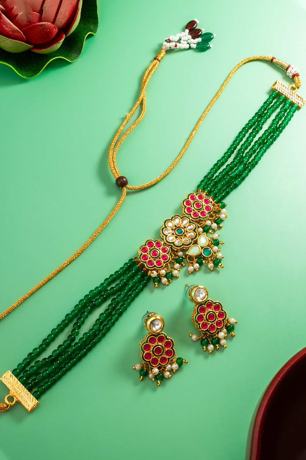 Green Artificial Pearl & kundan Brass Necklace