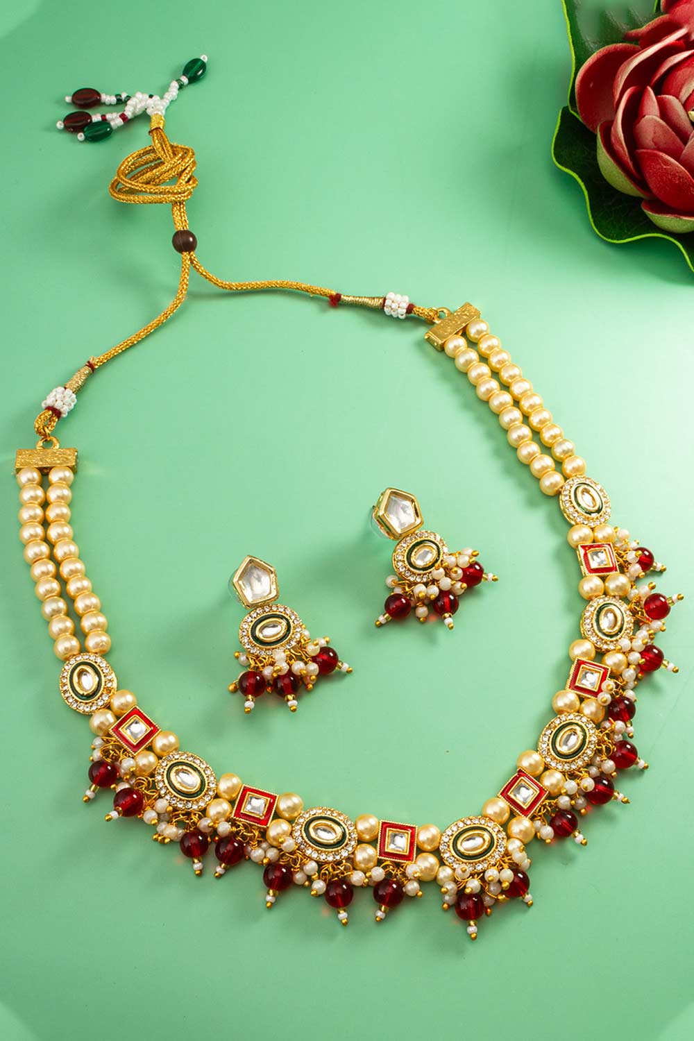 Red Artificial Pearl & kundan Brass Necklace