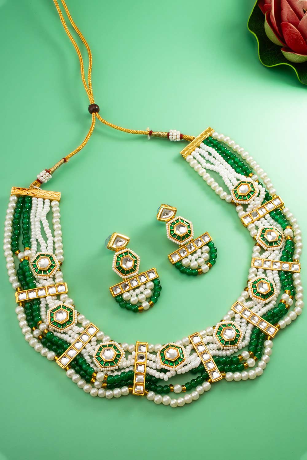 Green Artificial Pearl & kundan Brass Necklace