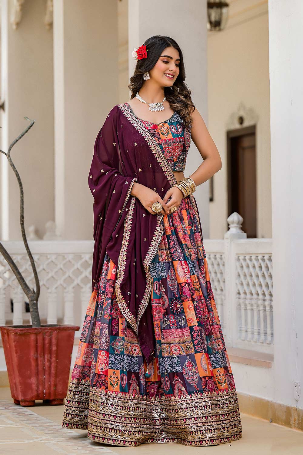 Multi-Color Embroidered Georgette Lehenga