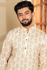 Beige Printed Linen Men's Kurta Set