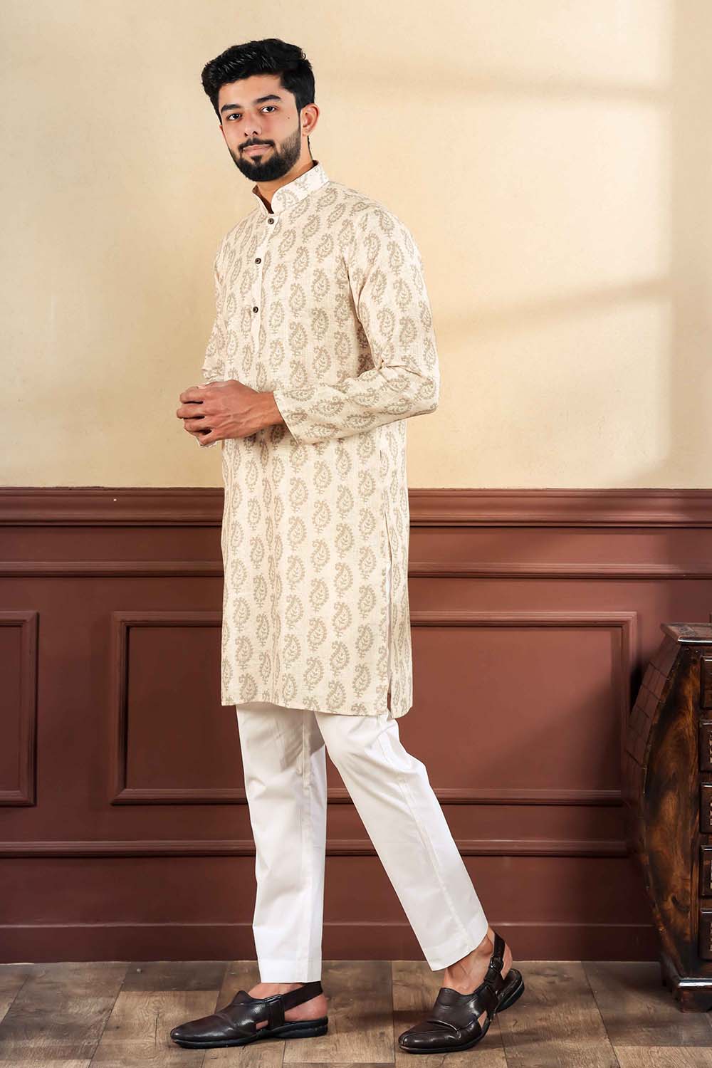 Beige Printed Linen Men's Kurta Set