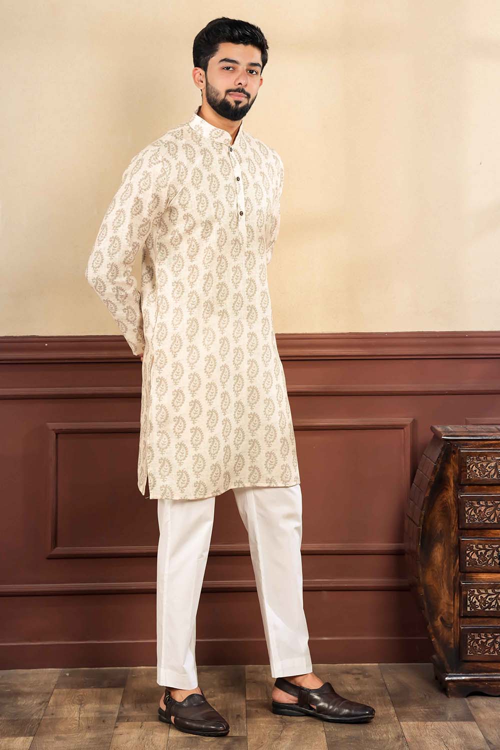 Beige Printed Linen Men's Kurta Set