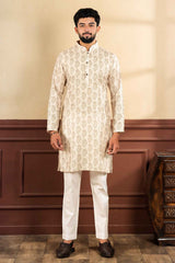 Beige Printed Linen Men's Kurta Set