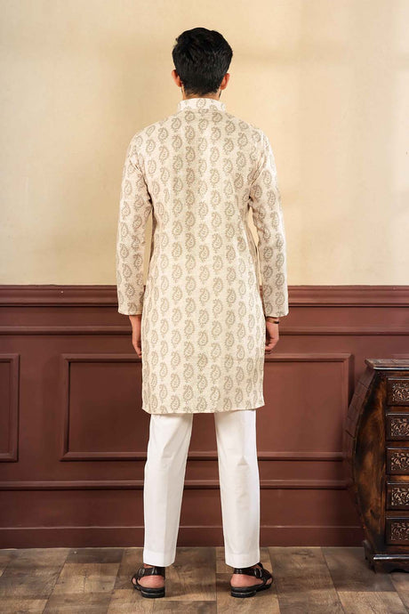 Beige Printed Linen Men's Kurta Set