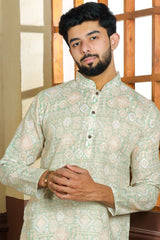 Green Printed Linen Men's Kurta Set