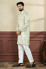 Green Printed Linen Men's Kurta Set