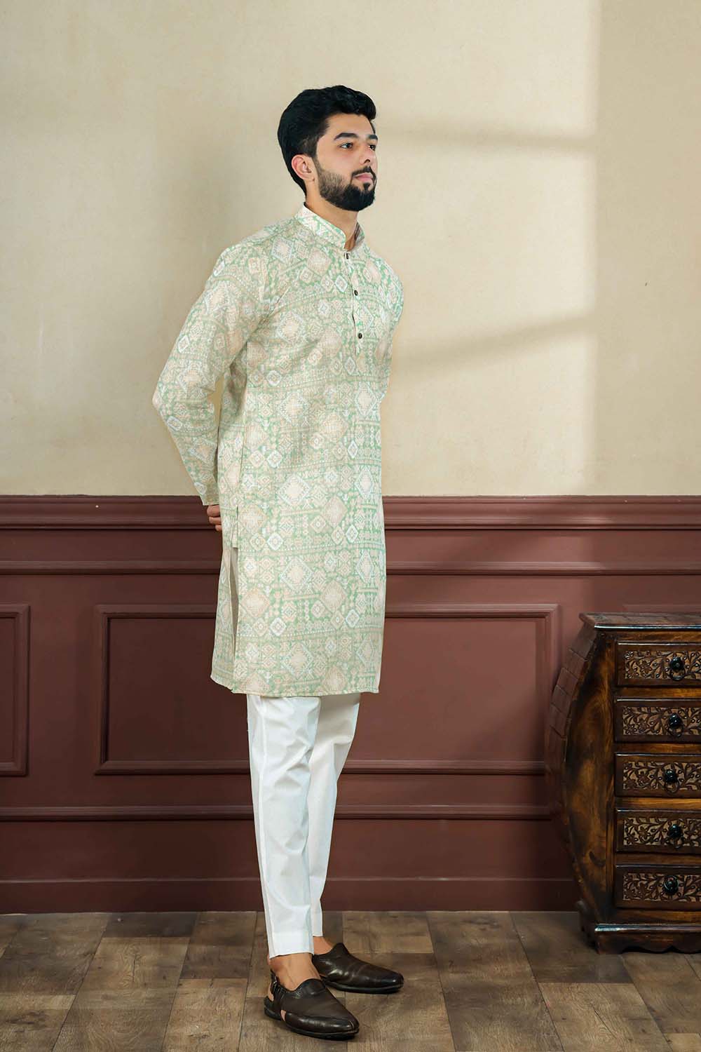 Green Printed Linen Men's Kurta Set