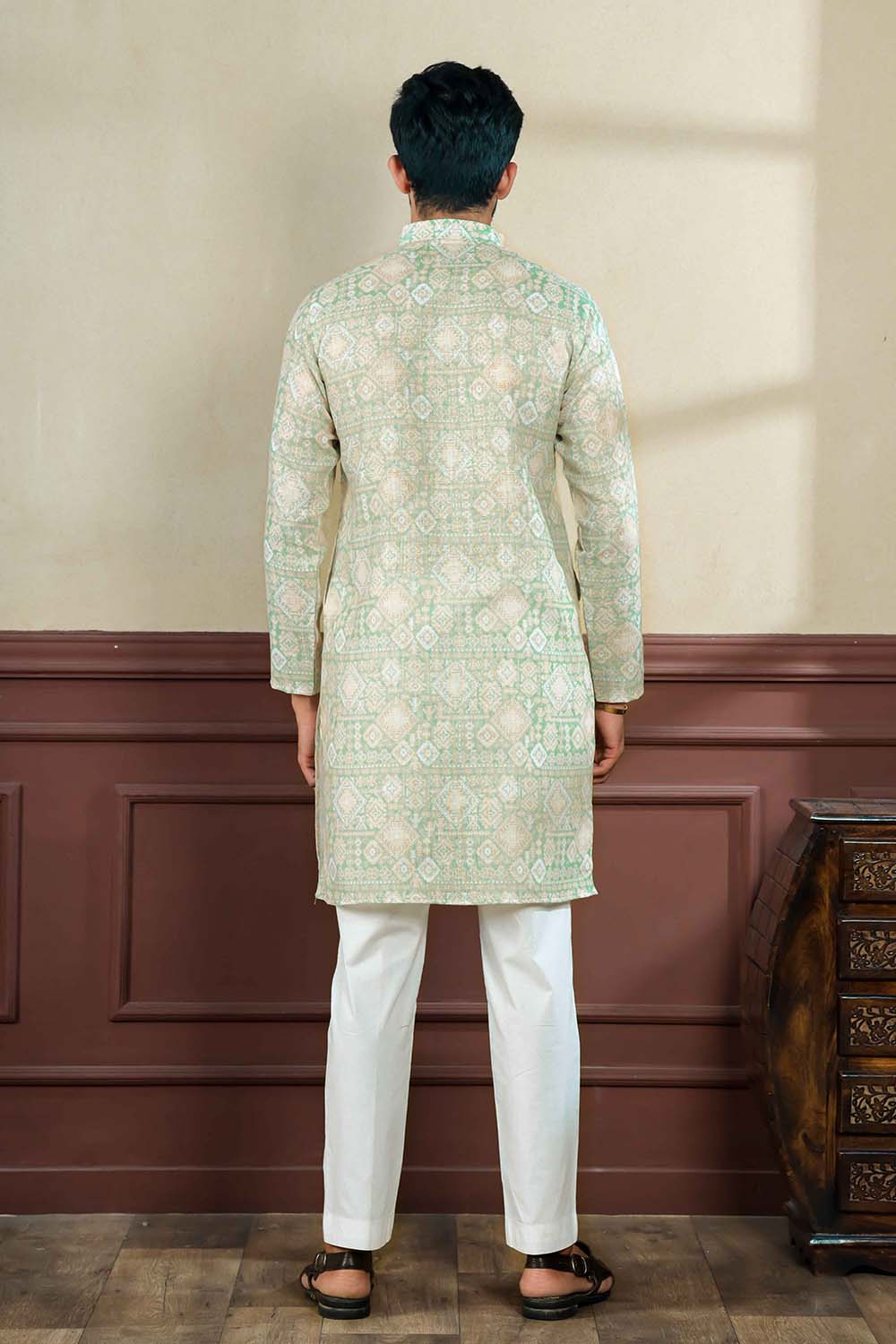 Green Printed Linen Men's Kurta Set