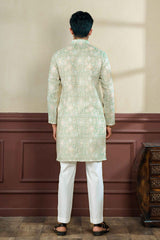 Green Printed Linen Men's Kurta Set