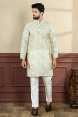 Green Printed Linen Men's Kurta Set