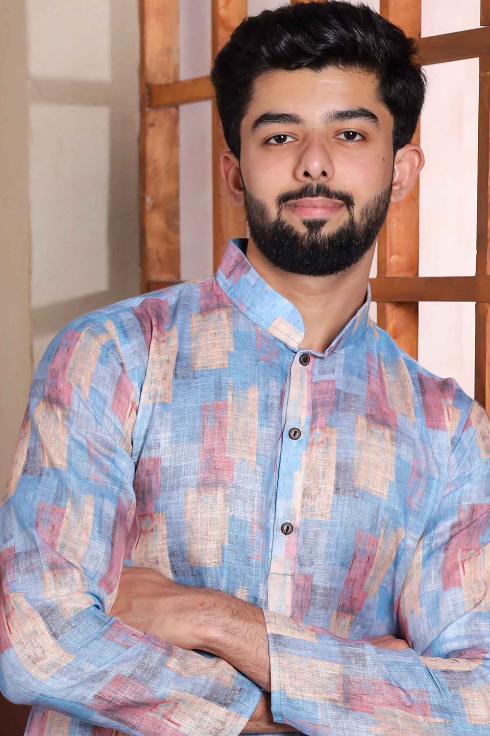 Blue Printed Linen Men's Kurta Set